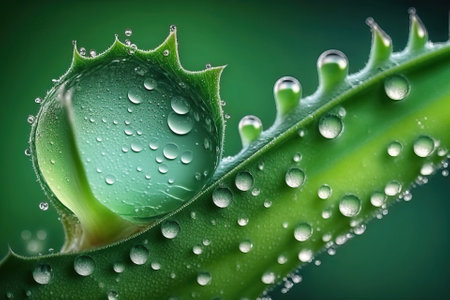 drops of water on a sprig of aloe vera. Macro photography. medicinal plant. generative AIの素材