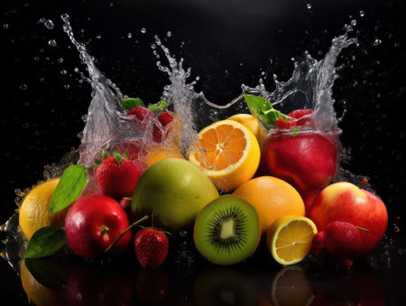 splash of fruit input on a dark background.generative AI.の素材