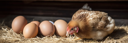 farm.laying hen incubates eggs in a chicken coop on the farm. generative AIの素材