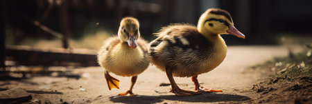 ducklings walk around the yard on the farm on a sunny day. generative AIの素材