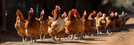 farm. chickens walk around the farm yard on a sunny warm day. generative AIの素材