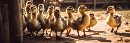 ducklings walk around the yard on the farm on a sunny day. generative AIの素材