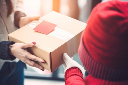 A mans hand gives an empty recycled paper cardboard box shopping for a woman. Delivery box mockup for branding design concept. generative AIの素材