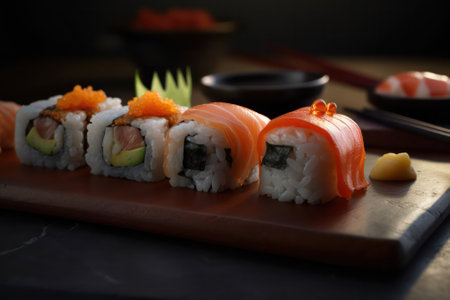 Sushi roll (Philadelphia) with salmon, smoked eel, avocado, cream cheese on a black background. Sushi menu. Japanese food. generative AIの素材