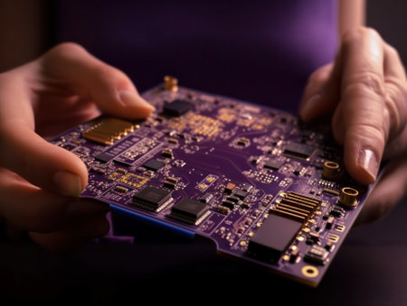 hands holding circuit board with golden edges and black components. generative AIの素材