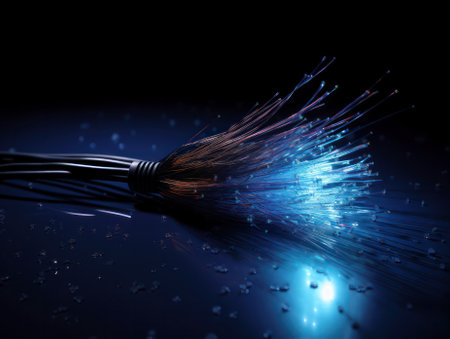 Fiber optic network cable lights abstract background. Internet connection using optical fiber. fast internet concept. generative AIの素材