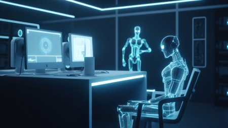 android work in the virtual world. Internet. artificial intelligence. human replacement by a robot. access to the virtual world. generative AIの素材