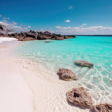 Beautiful tropical beach with white sand, palm trees, turquoise ocean against a blue sky with clouds on a sunny summer day. Perfect landscape backdrop for a relaxing holiday, island. generative AIの素材