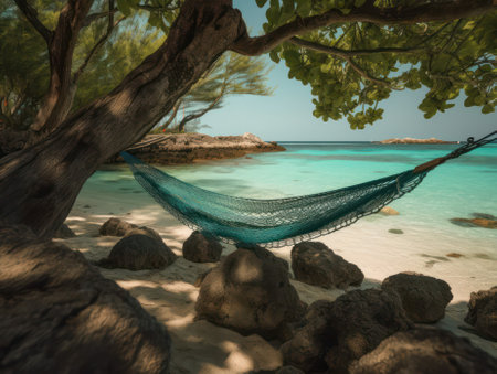 Romantic cozy hammock in the shade of a palm tree on a tropical beach by the sea.tourism advertising concept .generative AIの素材