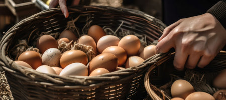 farm.farmer collects eggs in a basket in a chicken coop on his farm. generative AIの素材