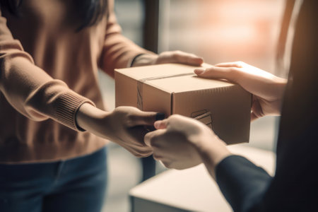 A mans hand gives an empty recycled paper cardboard box shopping for a woman. Delivery box mockup for branding design concept. generative AIの素材