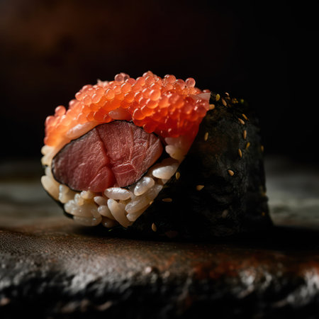 Sushi roll (Philadelphia) with salmon, smoked eel, avocado, cream cheese on a black background. Sushi menu. Japanese food. generative AIの素材