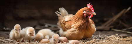 farm.laying hen incubates eggs in a chicken coop on the farm. generative AIの素材