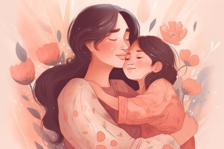 peach pink mothers day card. A young mother hugs her daughter. concept of a diverse family. generative AIの素材