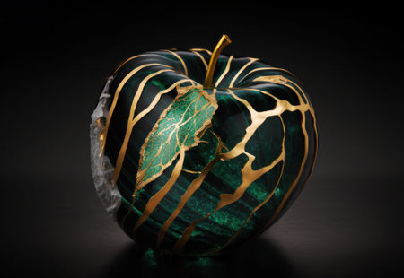 image of an apple made of malachite inlaid with gold threads .generative AIの素材