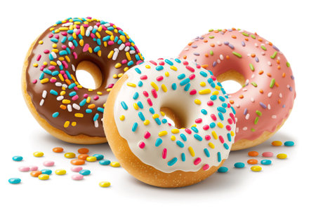 three donuts covered with icing sugar colorful crumbs isolate on white background. generative AIの素材
