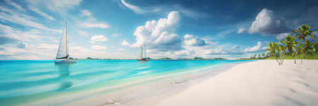 Beautiful tropical beach with white sand, palm trees and a yacht in the sea, turquoise ocean against a blue sky with clouds on a sunny summer day. generative AIの素材