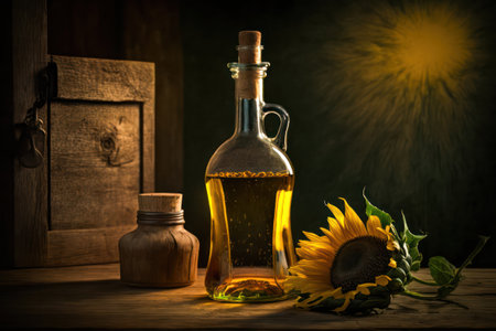 a bottle of sunflower oil stands on a wooden table.sunflower flower.rustic style. generative AIの素材