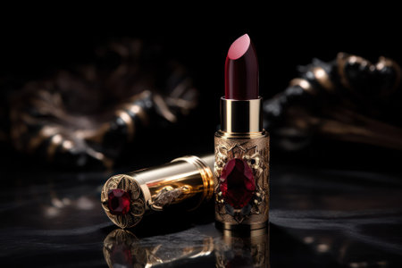 lipstick in a jewelled tube with carvings and decorated with stones on a dark background.generative AIの素材