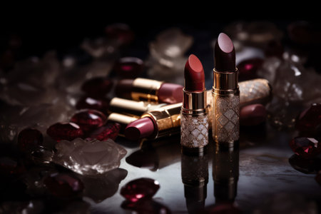 lipstick in a jewelled tube with carvings and decorated with stones on a dark background.generative AIの素材