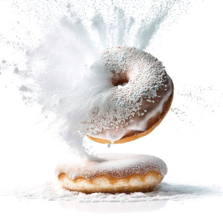 a doughnut covered with glaze. isolate on white background.splash of powdered sugar, generative AIの素材