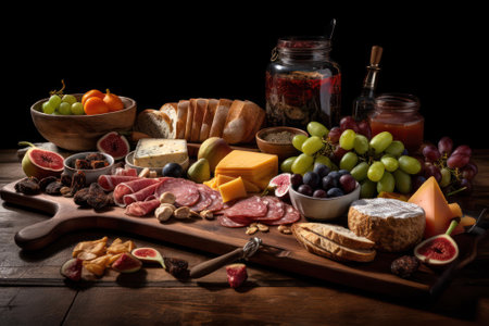 Italian food. Various types of salami, bacon, sausages, parmesan cheese, green olives, basil, vegetables, fruits and grapes on a wooden table. generative AIの素材