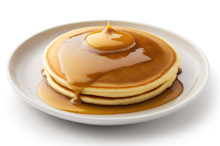 Stack of pancakes drizzled with syrup isolated on white background. generative AIの素材