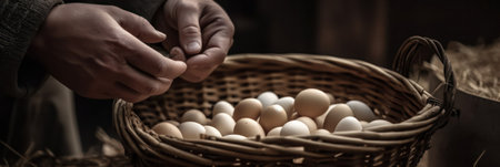 farm.farmer collects eggs in a basket in a chicken coop on his farm. generative AIの素材