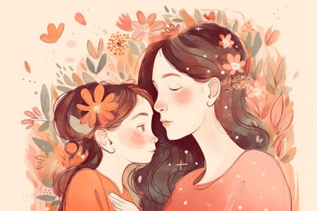 peach pink mothers day card. A young mother hugs her daughter. concept of a diverse family. generative AIの素材