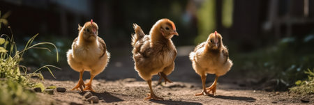 farm. little yellow chickens walk around the farm yard on a sunny warm day. generative AIの素材