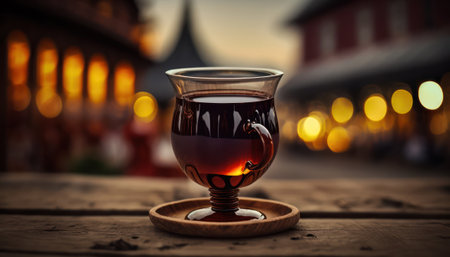 Mulled wine, blue pine branch and spices on a wooden table against the backdrop of a Christmas market. generative AIの素材
