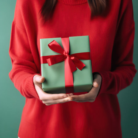 Womens hands hold a gift box with a red bow. Christmas and new year concept. generative AIの素材