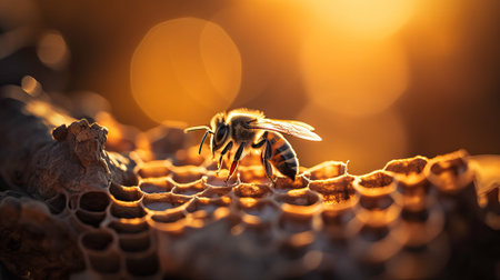 Macro photo of a bee on a honeycomb. golden lighting. National Honey Bee Day. generative AIの素材