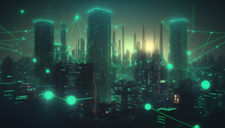the city is connected and surrounded by a network of internet connections.Generative AIの素材