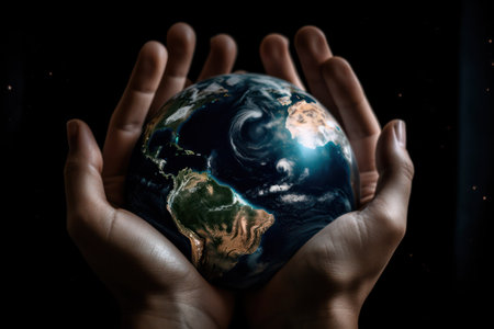 Planet Earth in the form of a crystal ball in human hands as a symbol of fragility. the concept of planetary and environmental protection. generative AIの素材