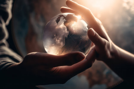 Planet Earth in the form of a crystal ball in human hands as a symbol of fragility. the concept of planetary and environmental protection. generative AIの素材