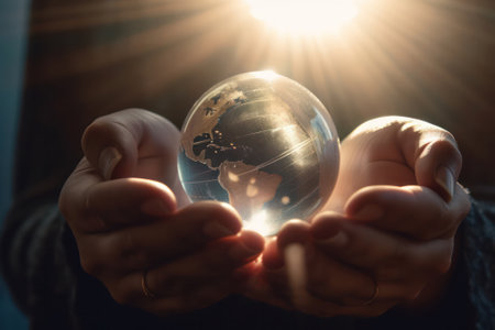 Planet Earth in the form of a crystal ball in human hands as a symbol of fragility. the concept of planetary and environmental protection. generative AIの素材