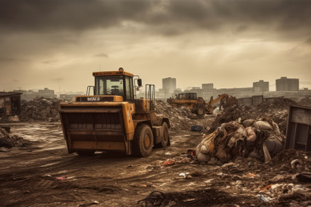 The work of special equipment at the garbage dump. Bulldozers remove garbage. Seagulls over the landfill. pollution concept.generative AIの素材