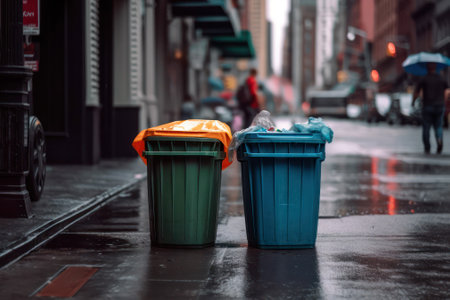 multi-colored plastic tanks for collecting and sorting garbage on the streets of the city. generative AIの素材