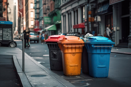 multi-colored plastic tanks for collecting and sorting garbage on the streets of the city. generative AIの素材