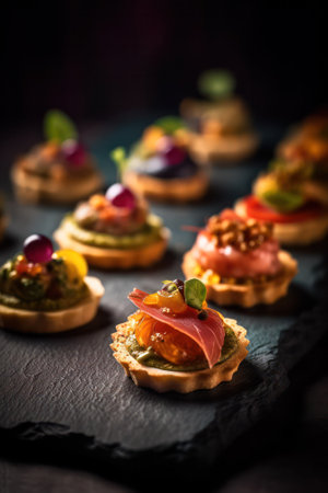 assortment of small ones. canapÃ©s with fruit and meat or fish filling on a wooden table. buffet. generative AIの素材