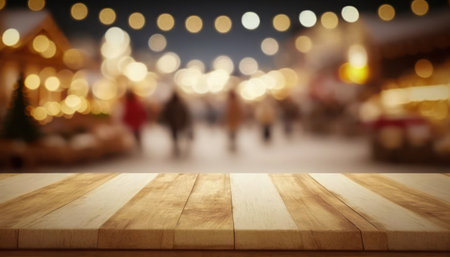 Empty wood table top for product display with blur luxury Christmas market background. generative AIの素材