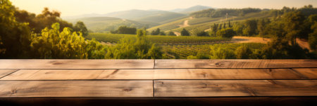 Empty wooden table top for product display with blurred french tuscany vineyard sunset background.generative AIの素材