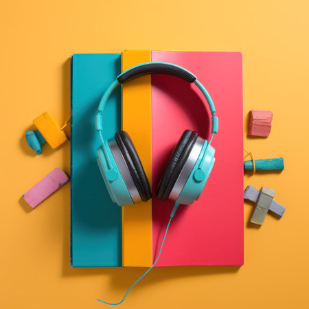Headphones and bright colored books on a bright background. audiobook and learning concept. generative AIの素材