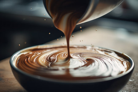 Close up pouring warm milk into a latte art coffee cup. Neural network AI generatedの素材