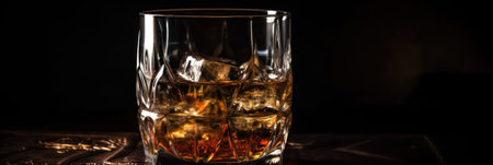 Glass of scotch whiskey and ice on wooden table against black background. generative AIの素材