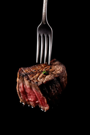 fork with slices of medium rare steak and place for text on black background. Delicious meat. generative AIの素材