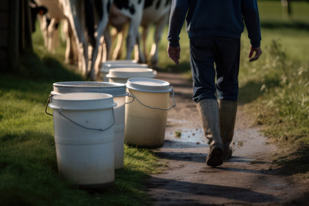 farmer against the background of a herd of cows with cans of milk. generative AIの素材