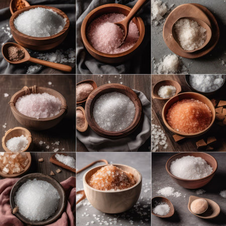 Different multi-colored types of salt stacked in plates. different grinding, texture and origin. generative AIの素材