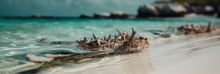 coastal water line close-up with plants and branches in the water.ecology. protection of the environment. generative AIの素材